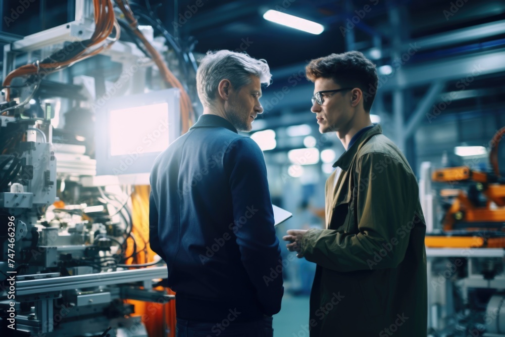 Two men standing in a factory discussing work. Suitable for business and industrial concepts Two men standing in a factory discussing work. Suitable for business and industrial concepts