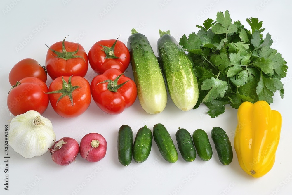Fresh assortment of vegetables on a clean white table. Ideal for healthy eating concepts