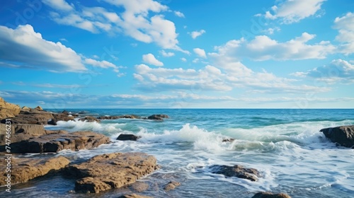 A scenic view of the ocean from a rocky beach. Suitable for travel brochures or website backgrounds