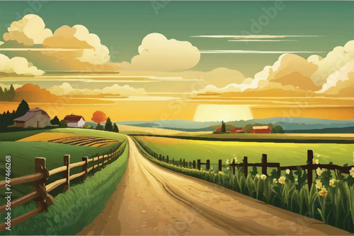 Illustrated landscape of a farm for background. Beautiful Farm landscape Illustration background. Road to a peaceful farm. Vector illustration of beautiful summer fields landscape. Rural landscape. 