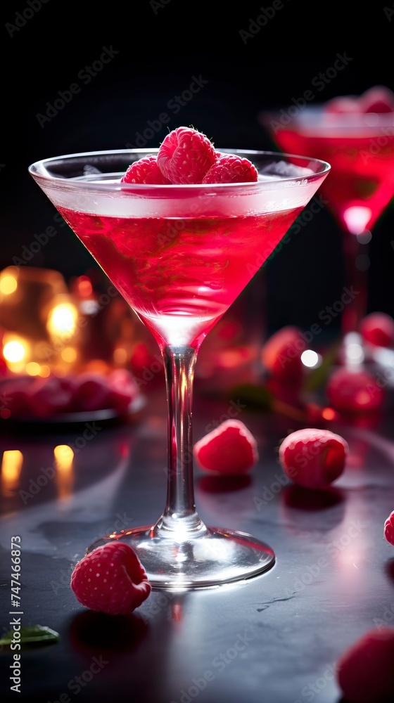 Raspberry Cosmopolitan drinks on a Table with Beautiful Lighting Raspberry Cosmopolitan drinks on a Table with Beautiful Lighting