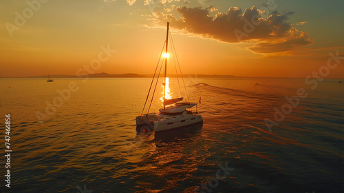 Fototapeta Naklejka Na Ścianę i Meble -  Aerial view of a catamaran, with a sunset in the background