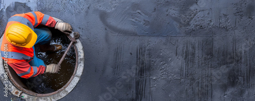 Man prepares to descend into depths of canalization. Communal worker navigates intricate network of conduits hidden beneath city streets. photo