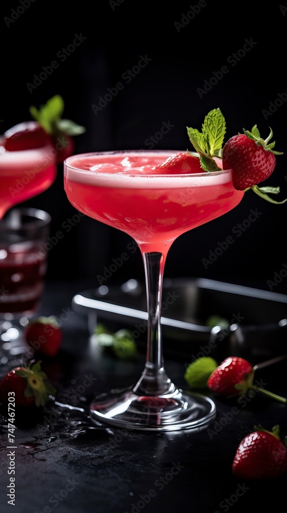 Strawberry Daiquiri drinks on a Table with Beautiful Lighting Strawberry Daiquiri drinks on a Table with Beautiful Lighting