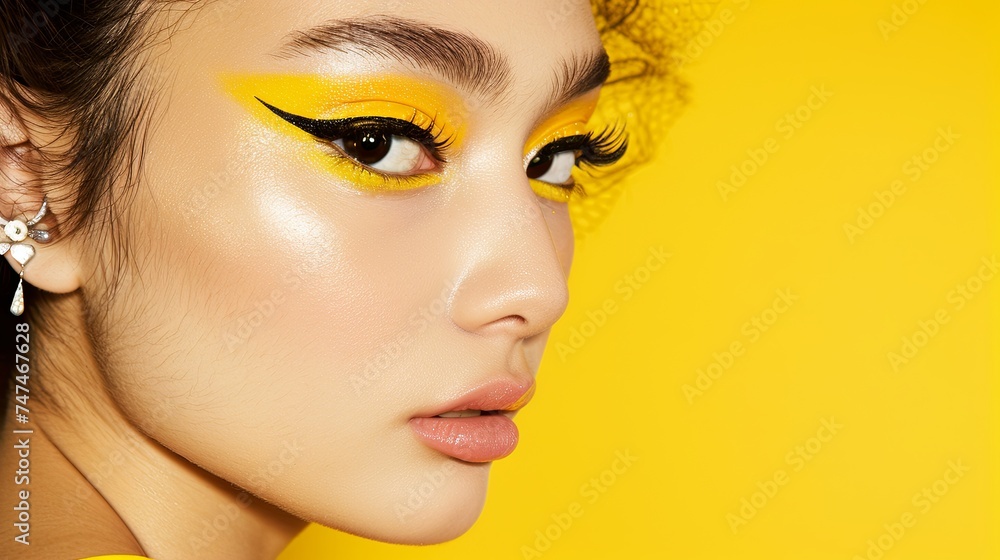 Beautiful woman with creative colorful makeup. Girl with vivid face art in luxurious shades. Fashion or cosmetics concept. Illustration for cover, postcard, interior design or print. - obrazy, fototapety, plakaty 