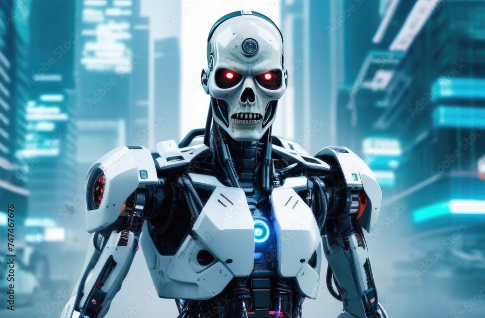 Close-up of robot zombie on background of crowd of zombies. Cyborg apocalypse, end of world, horror. Close-up of robot zombie on background of crowd of zombies. Cyborg apocalypse, end of world, horror.