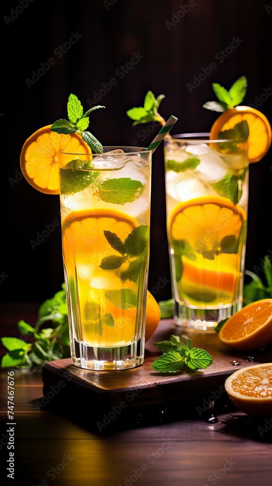 Tangerine Mojito drinks on a Table with Beautiful Lighting Tangerine Mojito drinks on a Table with Beautiful Lighting