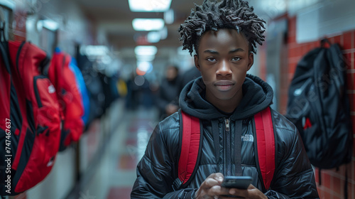 Black teenage boy texting on cell phone in hallway at high school,generative ai