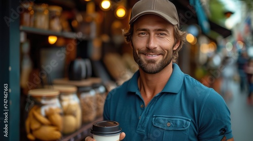 Smiling barista at the restaurant door holding a cup of coffee.