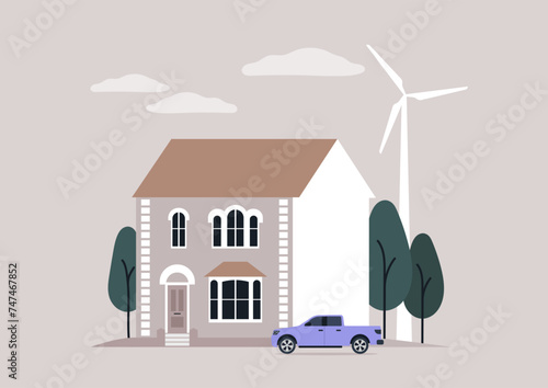 Serene Suburban scene, a Purple Pickup Truck parked outside a tall, two-story house