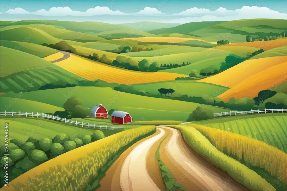Illustrated landscape of a farm for background. Beautiful Farm landscape Illustration background.  Road to a peaceful farm. Vector illustration of beautiful summer fields landscape. Rural landscape. 