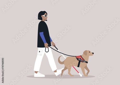 A young person with visual impairment walks confidently with a white cane and their guide dog by their side