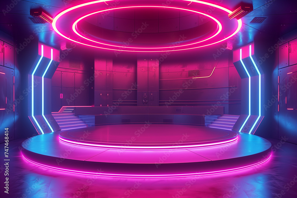 neon lit futuristic platform with pink glow