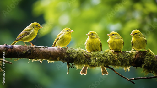 a little birds sitting on a branch funny opened their beaks in anticipation of the parents
