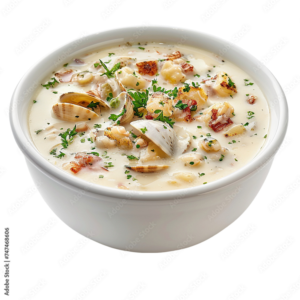 Seafood cream soup in a bowl on a transparent background