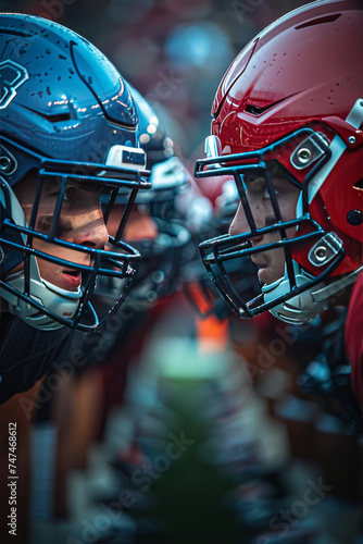 Beautiful sight of football teams, blue versus red, poised on the 50-yard line in powerful stances.generative ai © Krisana