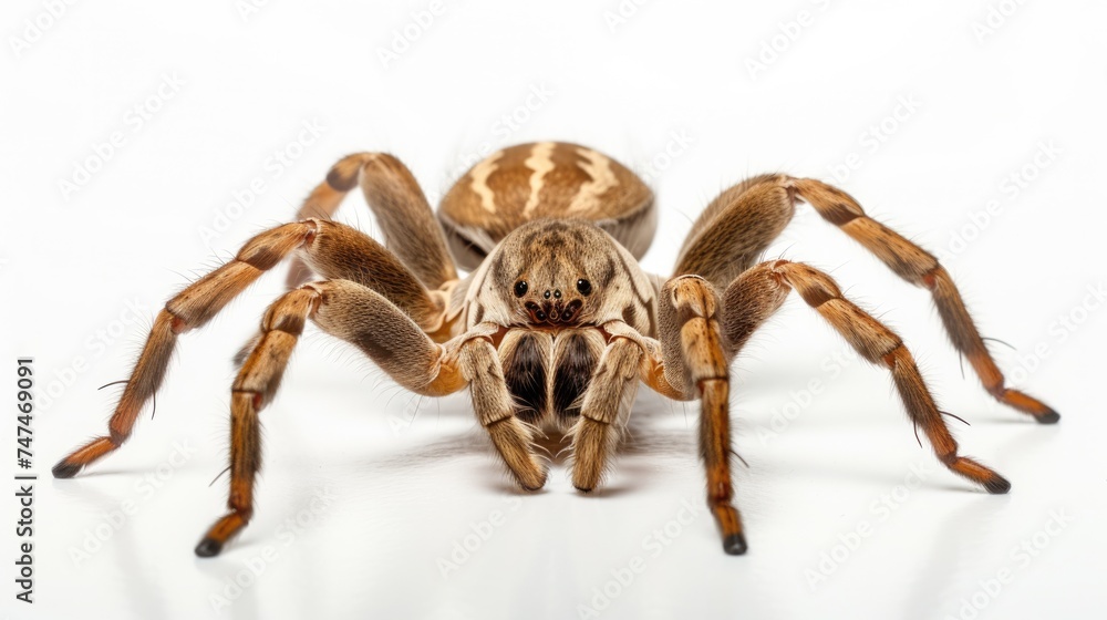 Brown Spider on Isolated White Background. Close-up Wildlife Nature Photography of Spider in Neutral Colours Brown Spider on Isolated White Background. Close-up Wildlife Nature Photography of Spider in Neutral Colours