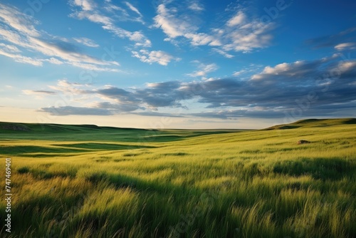 Morning Bliss at Grasslands National Park: A Serene Landscape of Meadows and Pastures under a Clear Blue Sky