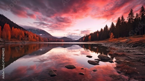 Nature's Painting: Stunning Landscape Photo of Altai Mountains Highland with Pink Sunset Sky and Reflective Lake, Surrounded by Autumn Forest
