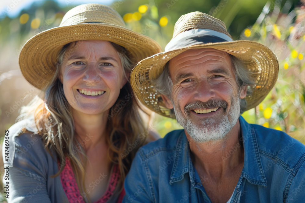 A smiling middle age couple in straw hats enjoying a sunny day outdoors
