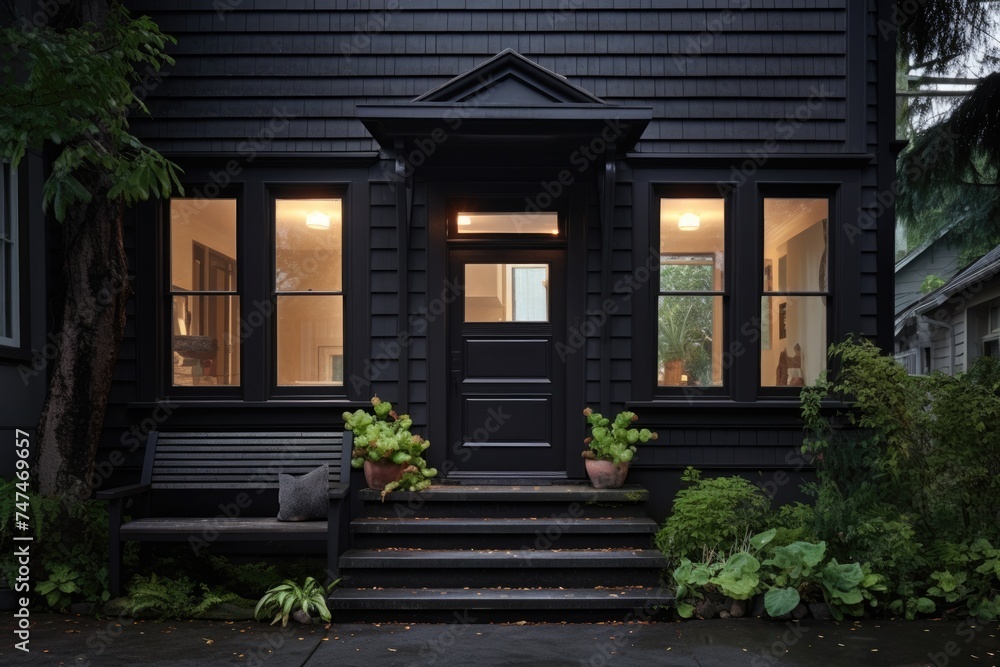 Upscale Black House with Illuminated Entrance and Porch Bench - Exterior Architecture View
