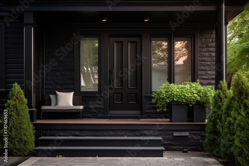 Upscale Black House Exterior with Illuminated Front Door and Bench - Architectural Entrance to Your Dream Home