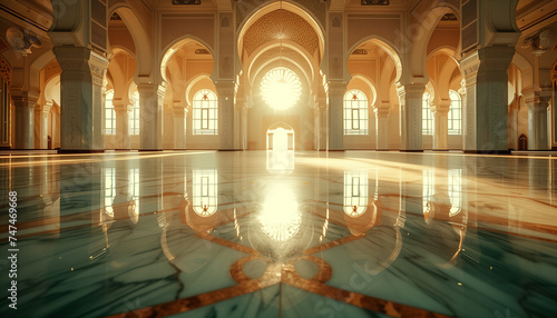 elegant arabesque mosque interior with reflective floor