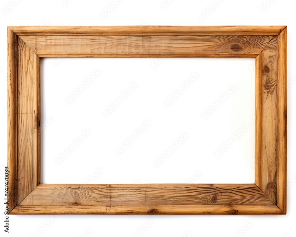 Wide Wooden Frame in Brown. Old Retro Design with Isolated Photo on White Background Wide Wooden Frame in Brown. Old Retro Design with Isolated Photo on White Background