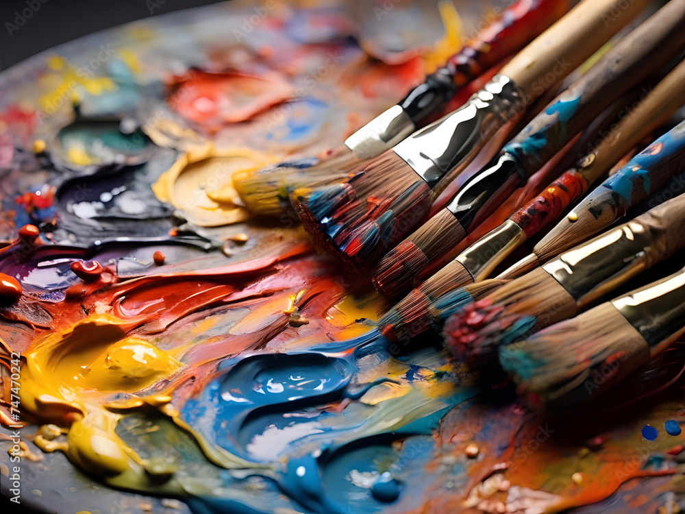 An artist’s palette with vibrant paintbrushes dipped in various colors An artist’s palette with vibrant paintbrushes dipped in various colors