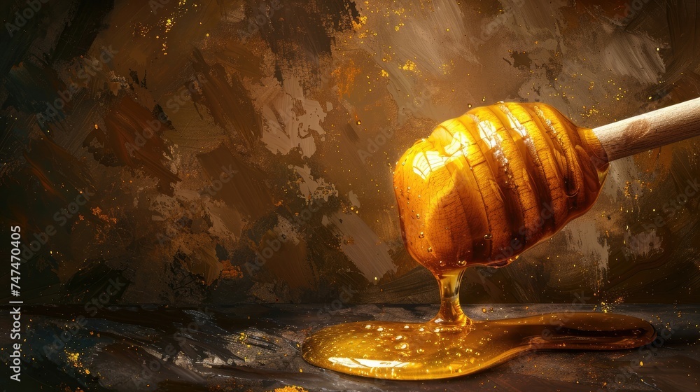 A honey dipper dripping honey on an artistic, textured surface. - obrazy, fototapety, plakaty 