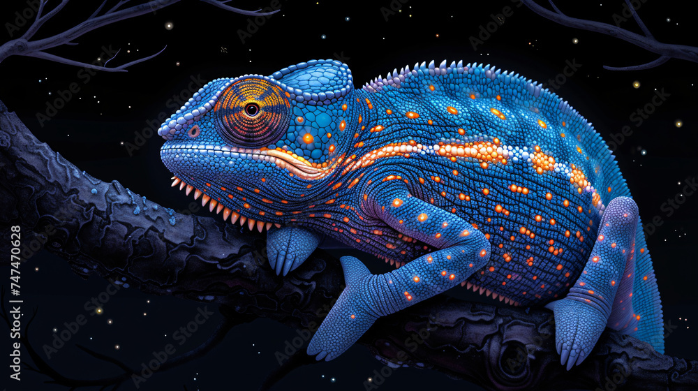 a blue chameleon on a black background, in the style of flat and graphic, light turquoise and amber, graphic design-inspired illustrations, scientific illustrations, playful characters, colorful mural - obrazy, fototapety, plakaty 