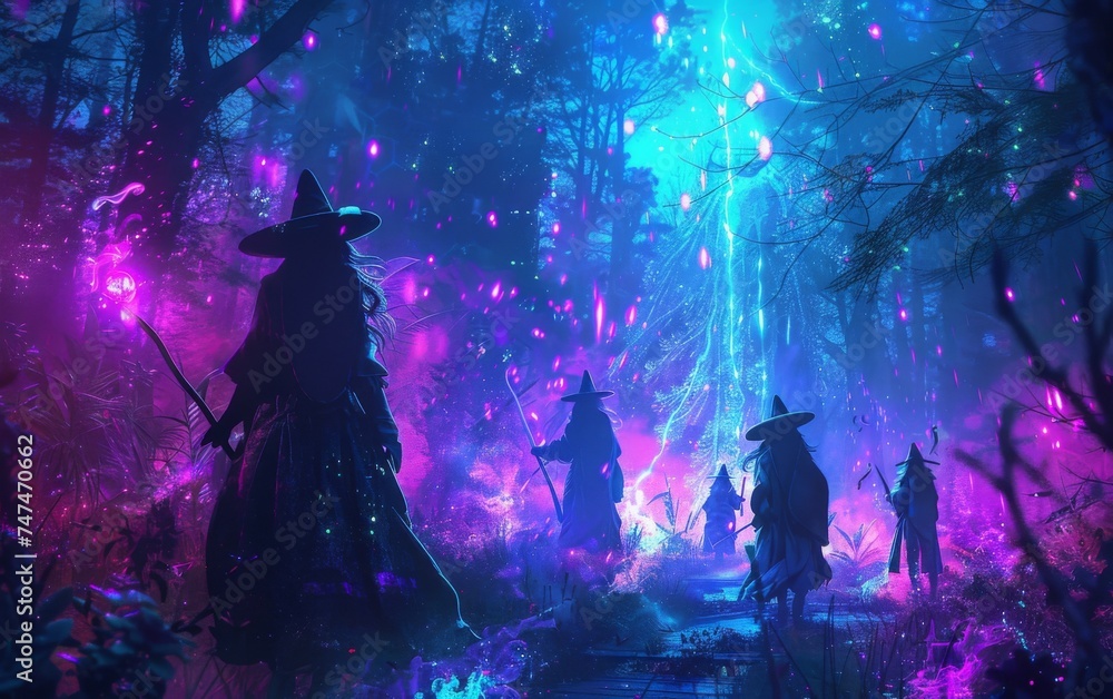 Cyber witches blending ancient spells with digital magic in a neon-lit forest