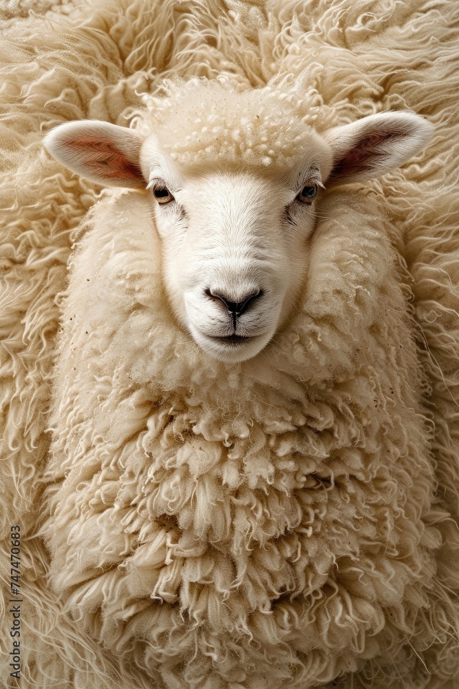Sheep with curly fleece looking forward.