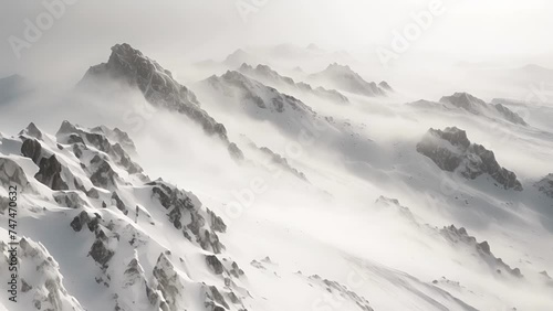 Detailed view of windblown snow forming a dense almost foglike texture in the distant mountains. photo