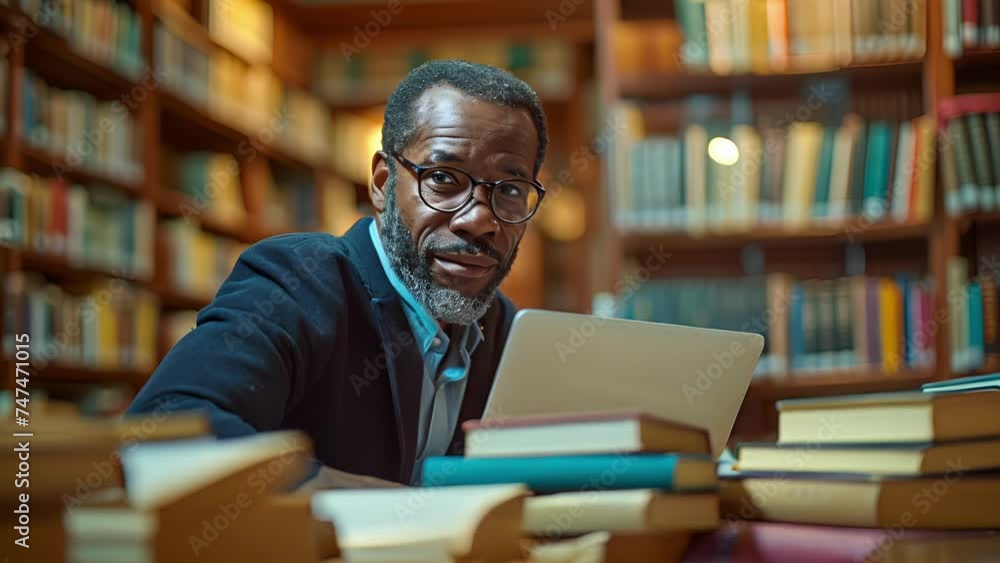 A distinguished gentleman surrounded by books papers and a laptop in a library eagerly taking notes during an online workshop on technology. A distinguished gentleman surrounded by books papers and a laptop in a library eagerly taking notes during an online workshop on technology.