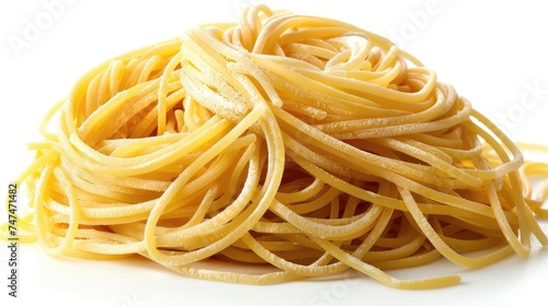 Twisted heap of cooked spaghetti noodles isolated on white.