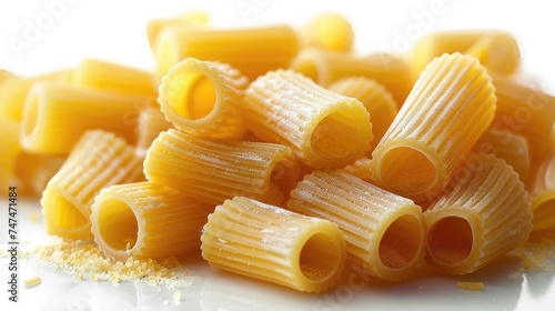 Pile of ditalini pasta with powdered cheese on white surface.