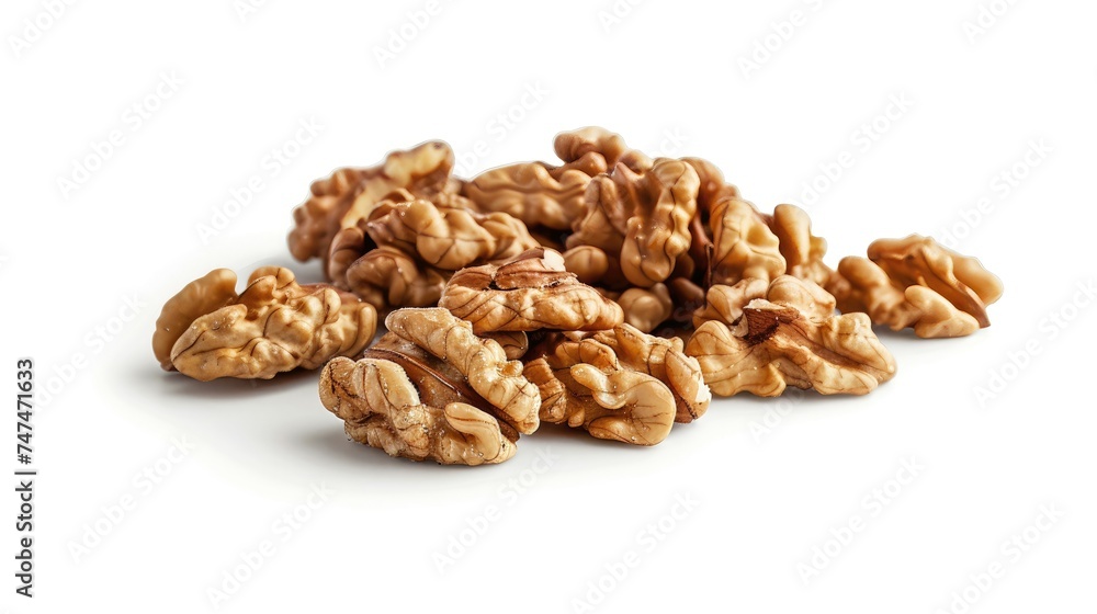 Heap of shelled walnuts on a white background. Heap of shelled walnuts on a white background.