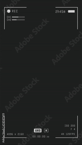 Video camera viewfinder vertical overlay. 16:9 template. Full hd or 4k format for smart phone. Camera frame vector template. White lines and text, rec icon on black background with distortion.