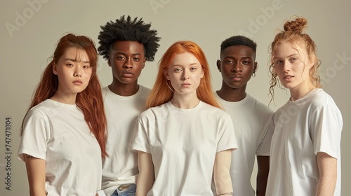 Group of young diverse individuals in white t-shirts looking at the camera.