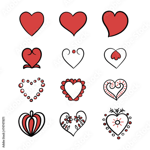 Set of red and black hearts, traditional slovenian ornament, folk, etnic ornament