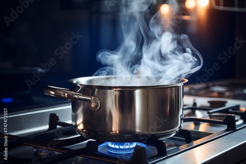 Stainless steel cooking pot on a gas stove in the kitchen
