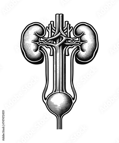 Human urinary bladder system with kidneys, vector illustration.