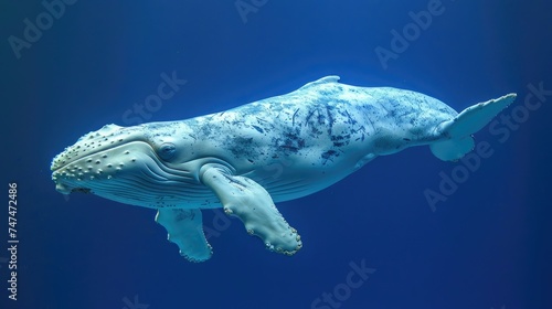 A humpback whale glides through deep blue ocean waters. © AdriFerrer