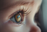 Realistic close up shot beautiful natural brown child's baby eye with long eyelashes. Eyes are the mirror of the soul