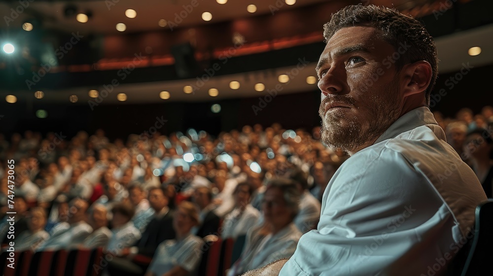 Fototapeta premium Pensive man at an event with a crowd in the background.