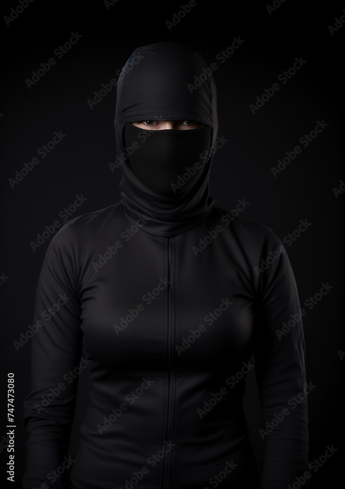 A Portrait of a Woman Dressed in Minimal Stealth Style Black Clothing-Against a Grey Background A Portrait of a Woman Dressed in Minimal Stealth Style Black Clothing-Against a Grey Background