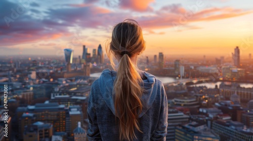 Young woman admiring london's sunset skyline: future, freedom, and business success concept with beautiful city background in gentle ligh photo