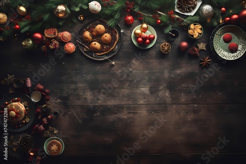 Overhead shot capturing the festive spirit with carefully arranged decorations, providing an attractive background with creative space for text.