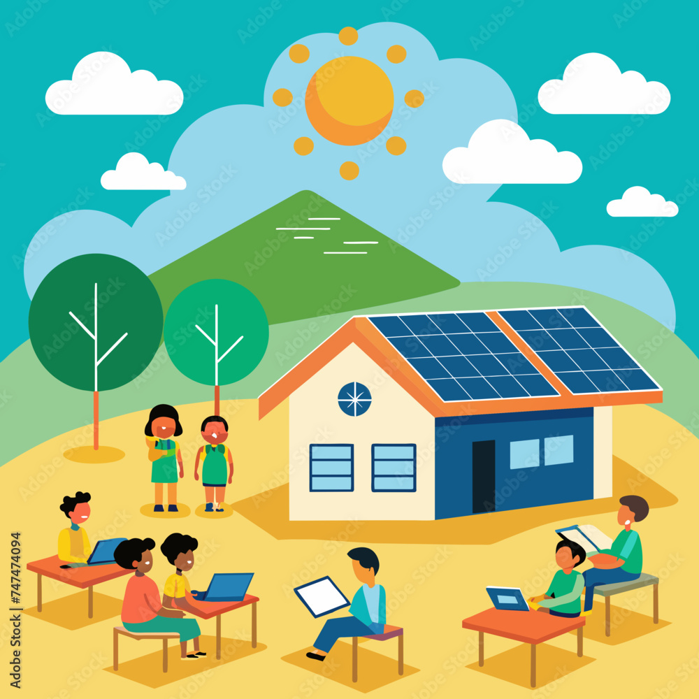 Solar-powered classrooms providing education in remote areas. vektor illustation
